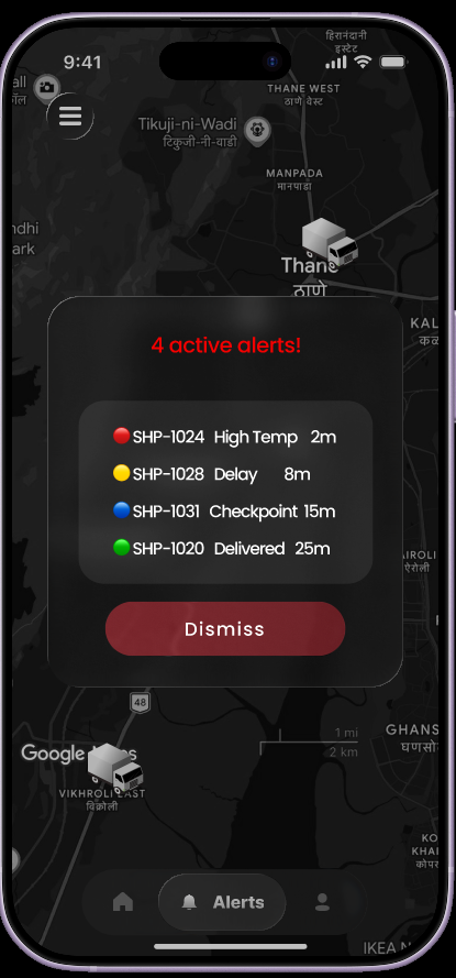 Active alerts modal showing 4 prioritized alerts over a map