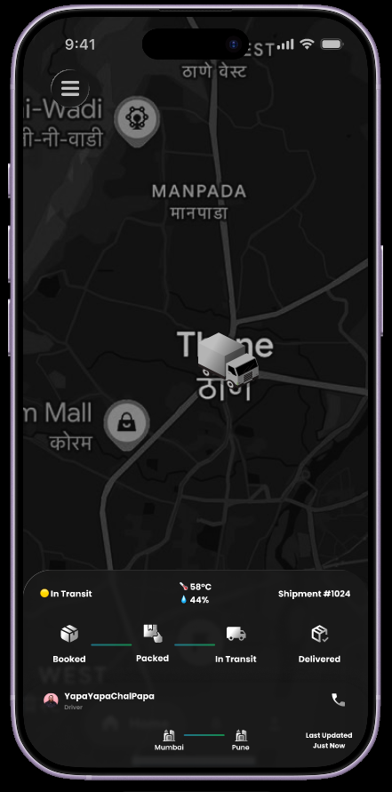 Live tracking screen with delivery timeline from Booked to Delivered