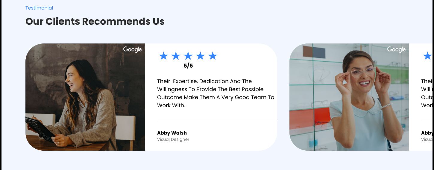 Agency testimonials section with Google review cards and 5-star ratings